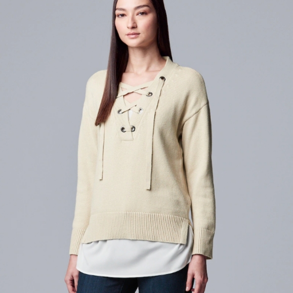 Simply Vera Vera Wang Sweaters - Simply Vera Vera Wang Mock Layer Lace Up Sweater